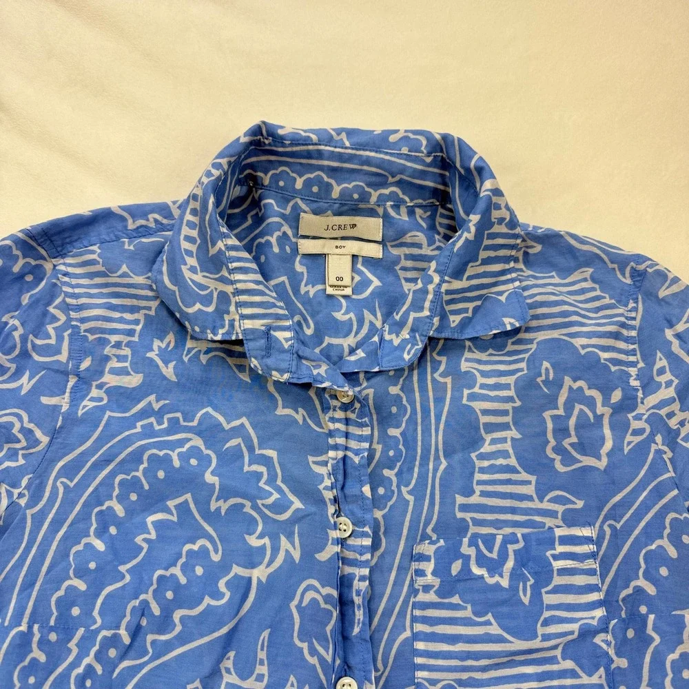 J. Crew‎ Womens Blue White Paisley Cotton Silk Button Down Shirt Size 000
